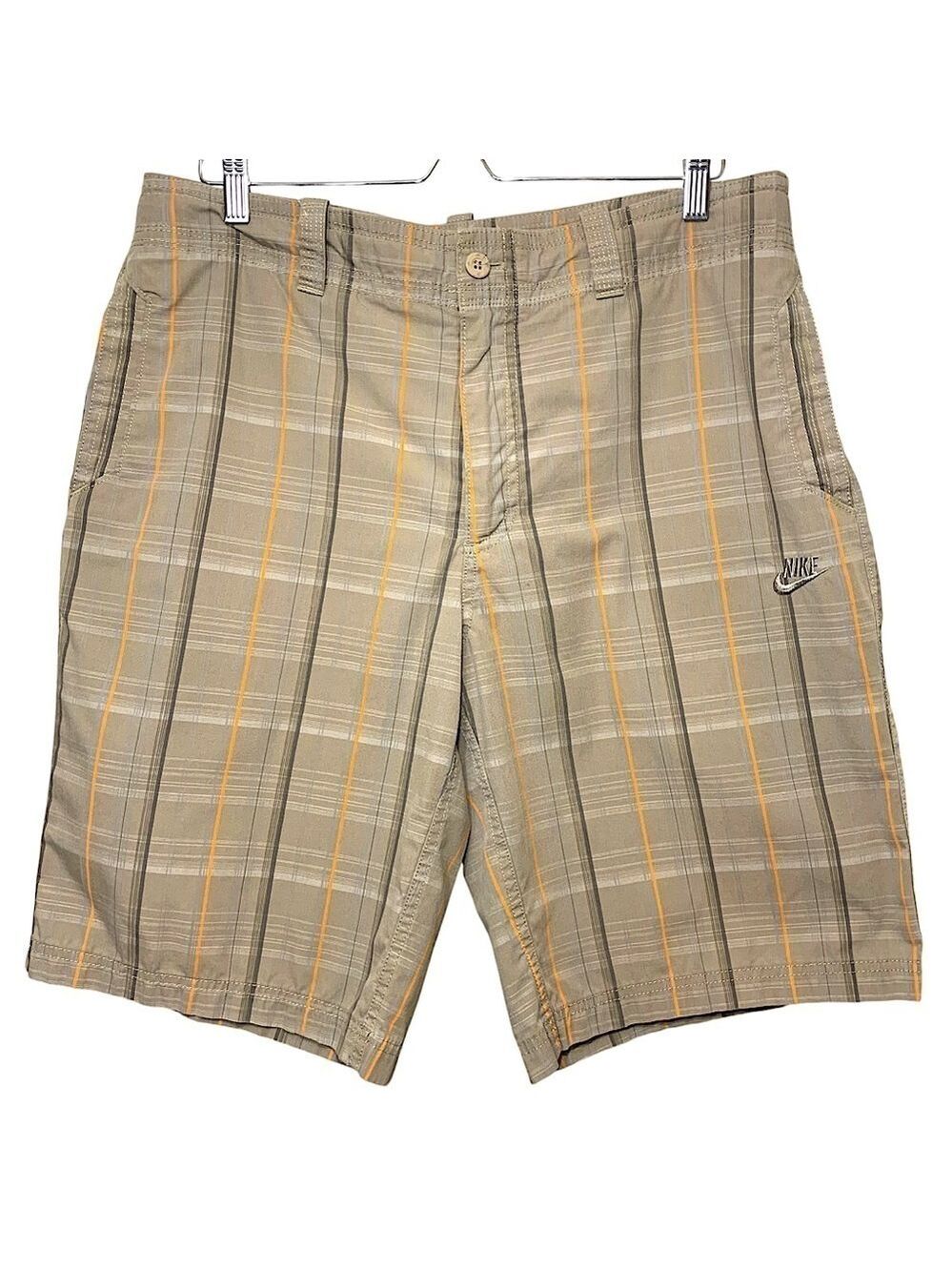 Retro Nike Bermuda Shorts 11" Mens Sz L Tan Plaid Flat Front Pocket Relax Fit